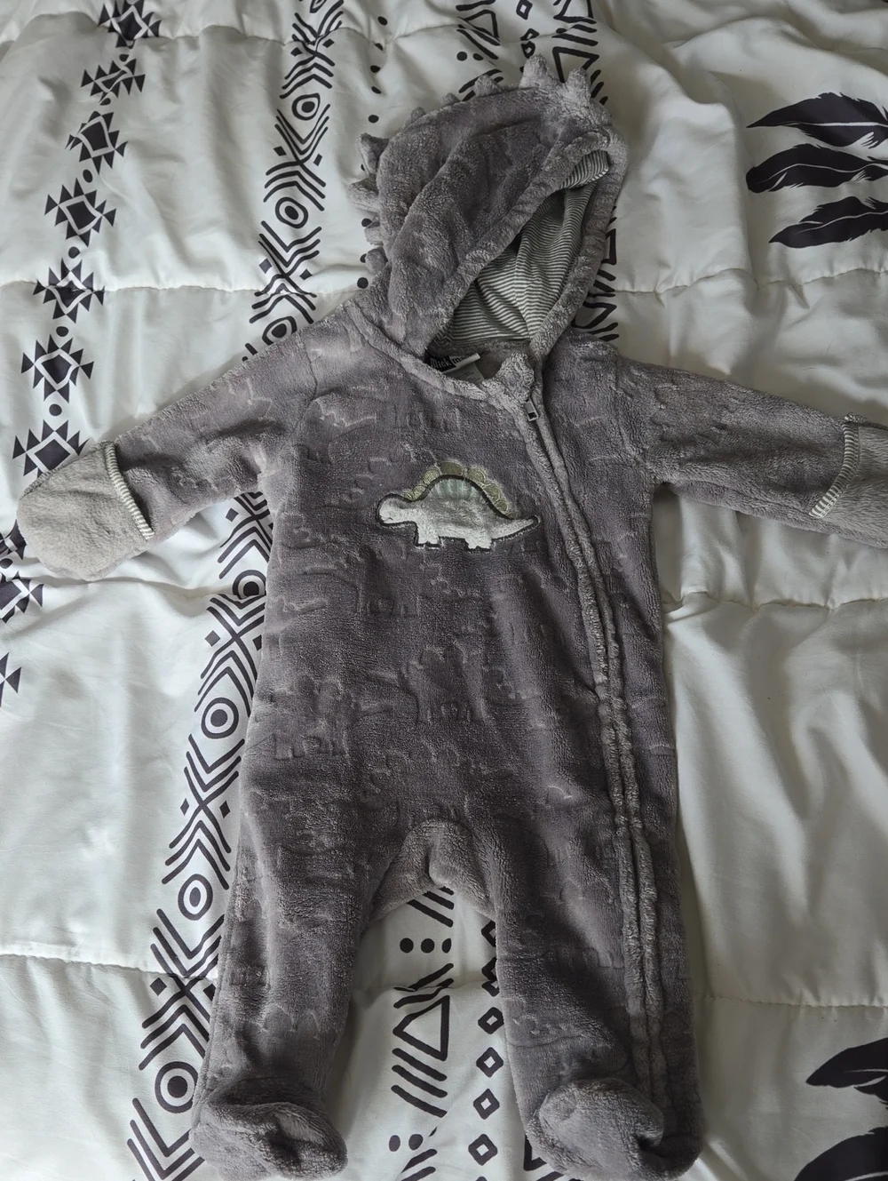 3 For $20 Baby One-Piece Hooded Footed One Piece in Gray with Dinosaurs 0/3month